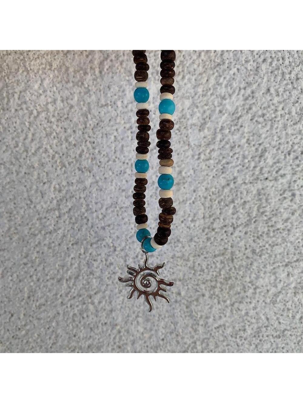 Y2k 2000s style Wood Beaded dark brown and blue mixed wood Necklace with Cyber - Picture 4 of 8